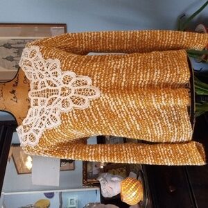 A'reve Mustard and Creamy-White Knit Lace Up Lace Applique Sweater